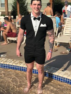 Male Romper - Tuxedo – Zesties Inc Black Short Sleeve Jumpsuits And Rompers For Party, Black Short Sleeve Jumpsuit For Party, Fitted Jumpsuits And Rompers For Night Out In Summer, Summer Party Dress With Bow Tie, Fitted Holiday Party Jumpsuits And Rompers, Fitted Tuxedo For Party Season, Fitted Jumpsuits And Rompers For Formal Parties, Fitted Jumpsuits And Rompers For Formal Party Season, Fitted Formal Jumpsuits And Rompers For Spring