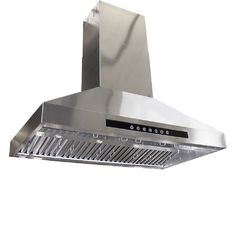 a stainless steel range hood with two exhaust fans on the top and bottom, in front of a white background