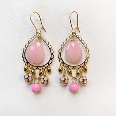 "Stunning dangle lantern earring with faceted teardrop semiprecious stones in choice of 3 colors. Earrings have a 2.75\" drop with  gold plated, nickel free ear wires. These lightweight beauties will be the perfect finishing touch to complete your boho look!" Pink Teardrop Chandelier Earrings, Bohemian Chandelier Earrings With Pearl Drop, Bohemian Chandelier Pearl Drop Earrings, Pink Teardrop Pearl Drop Earrings, Pink Pearl Drop Teardrop Earrings, Beaded Brass Drop Earrings, Pink Teardrop Beaded Earrings, Brass Beaded Drop Earrings, Teardrop Chandelier Earrings With Dangling Beads For Gift