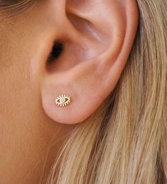 Pave Evil Eye Stud Earrings 18K Gold Electroplated Hypoallergenic Earring Post Size: approx. .25 inch Earring Post, Hypoallergenic Earrings, Ring Necklace, Evil Eye, Post Earrings, Piercings, 18k Gold, Stud Earrings, Gold