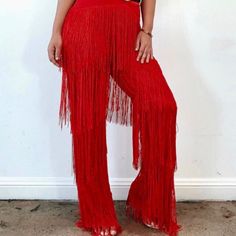 Pants Only! Bold Red Fringe Pants. These Pants Are So Beautifully Made. High Quality Fringe Fabric. Zipper Clasp Closure. Fringe Pants Outfit, Fringe Jumpsuit, Tassel Pants, Lil Mermaid, Fringe Pants, Fringe Fabric, Red Fringe, Beautifully Made, Red Pants