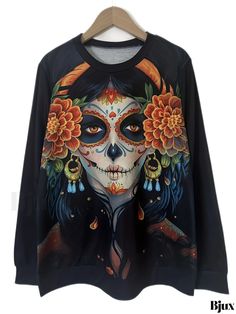 Bjux - Womens Day Of The Dead Long Sleeve Casual Sweatshirt Featuring Halloween Figure Print - Trendy Addition to Your Wardrobe Halloween Multicolor Top With Sublimation Print, Halloween Multicolor Skull Print Tops, Multicolor Halloween Top With Sublimation Print, Multicolor Skull Print Tops For Halloween, Multicolor Sublimation Print Top For Halloween, Themed Crew Neck Top For Costume Party, Multicolor Skull Print Crew Neck Top, Black Themed Long Sleeve T-shirt, Halloween Long Sleeve Tops With Sublimation Print