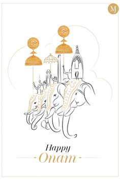 happy onam greeting card with an elephant and two lamps in the sky, surrounded by clouds