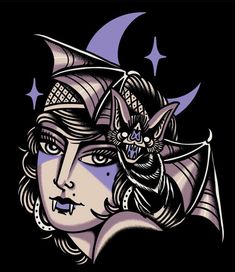 a woman's face with a bat on her head and stars in the background