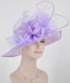 IF YOU LIKE THE DESIGN, JUST WANT TO ADD SOME COLORS TO MATCH YOUR DRESS, PLEASE FEEL FREE TO CONTACT ME, I WILL HELP YOU. 100% Sinamay, light and comfortable *Wide brim measure Appr17 inches (from the right side to the left side) *The crown is decorated with feather flower, netting bows and curl ostrich quills, very beautiful!! *Head girth is 22.5 inches; adjustable string inside can give you the best fit. . 18 colors feather flowers available, if you want to change the flowers color to match y Fitted Purple Hat For Kentucky Derby, Elegant Purple Hats For Spring, Elegant Purple Hat For Spring, Elegant Purple Costume Hats For Spring, Elegant Purple Hat For Church, Lavender Mini Hats For Summer Weddings, Purple Fitted Wide Brim Costume Hat, Elegant Purple Church Hat, Summer Wedding Mini Hats In Lavender