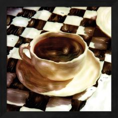 a painting of a coffee cup and saucer on a checkerboard tablecloth