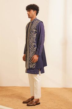 Blue bundi with sequin and bead embellished floral vine embroidered patterns. Comes with embellished inner kurta and pant. - Aza Fashions Kurta Set Men, Collar Kurta, Embroidered Patterns, Kurta Set For Men, Silk Kurta, Cocktail Reception, Nehru Jackets, Open Sleeve, Beaded Neckline