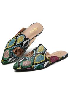 Multicolor Elegant,Glamorous,Vacation,Funky,Fashionable Collar   Tribal Slingbacks,Mules Embellished   Women Shoes Casual Slip-on Slippers With Pointed Toe, Casual Pointed Toe Slip-ons With Cushioned Footbed, Trendy Spring Closed Toe Mules, Multicolor Flat Slip-ons, Comfortable Flat Slip-ons For Spring, Comfortable Flat Bottom Spring Slippers, Comfortable Flat Bottom Slippers For Spring, Spring Synthetic Slippers, Trendy Slip-on Slippers