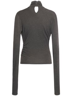 Back button closure at collar. Draped neckline. Model is wearing a size38 Elegant Fitted Long Sleeve Top With Crew Neck, Elegant Fitted Long Sleeve Crew Neck Top, Elegant Fitted Crew Neck Long Sleeve Top, Elegant Long Sleeve Crew Neck Top For Work, Fitted Elegant Mock Neck Top With Crew Neck, Draped Neckline, Long Sleeve Jersey, Grey Women, Dark Grey