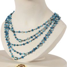 Vintage necklace composed of 5 wires of glass beads, in various hues of blue. Length: medium-small with silver rings. Blue Pearls, Vintage Cape, Black Lace Blouse, Advanced Style, Black Leather Bags, Blue Pearl, Beaded Necklaces, 1960s Vintage, Retro Outfits