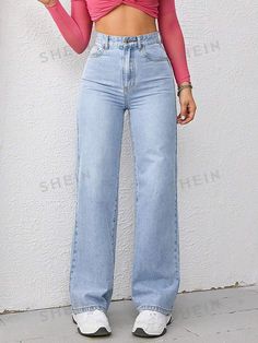 Details:Button \nStyle:Casual \nDetails:Pocket \nDetails:Zipper \nClosure Type:Zipper Fly \nColor:Light Wash \nPattern Type:Plain \nType:Wide Leg \nWaist Line:High Waist \nLength:Long \nFit Type:Regular Fit \nFabric:Non-Stretch \nMaterial:Denim \nComposition:89% Cotton \nComposition:6% Polyester \nComposition:5% Viscose \nCare Instructions:Machine wash, do not dry clean \nBody:Unlined \nSheer:No \n Jeans 2024 Trends Women, High Waisted Wide Leg Jeans, Wide Leg Jeans Outfit, Shein Jeans, High Waist Wide Leg Jeans, Jeans Claro, Dress Book, Casual Denim Pants, Women Denim Jeans