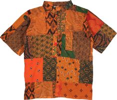 A cool vintage style Indian cotton fabric shirt made from recycled material, sewn into patches and dyed together to create a single color tone look in persimmon orange.  This is a lightweight, airy and summery, mandarin neck, open front buttoned shirt with front pocket and hippie style patchwork. #tlb #Patchwork #XLPlus #Pocket #vacationclothing #beachwrap #Floral #Printed #bohemianfashion #Handmade #XXLBohoShirt #PlusSizeXXLBohoShirt #PlusSizePatchworkShirt #unisexbohoshirt #hippieshirt #festiv Brown Cotton Patchwork Tops, Summer Orange Patchwork Tops, Bohemian Orange Patchwork Tops, Orange Relaxed Fit Cotton Shirt, Orange Bohemian Cotton Top, Bohemian Patchwork Shirt For Summer, Traditional Patchwork Cotton Tops, Traditional Orange Cotton Tops, Orange Bohemian Relaxed Fit Top