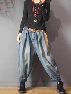 Vintage Denim Loose Elastic Waist Bloomers Pants – uoozee Stonewash Jeans, High Neck Shirts, Fall Denim, Denim Patterns, Stil Inspiration, Elastic Waist Pants, Denim Flares, 가을 패션, Mode Vintage