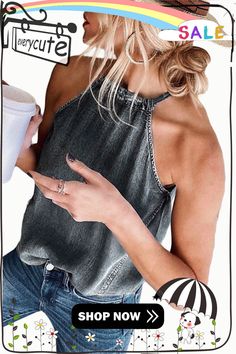 Gray Halter Neck Denim Tank Top Denim Halter Top, Denim Tank Top, Denim Tank, Denim Chic, Cover Beachwear, Clubwear Dresses, Halter Tops, Summer Style Casual, Hot Dress