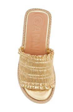 A smocked vamp lends contemporary dimension to an espadrille-inspired sandal lofted by a jute-wrapped platform and integrated wedge heel. 3 1/2" heel; 1 3/4" platform (size 39) Recycled-polyester upper and lining/synthetic sole Made in Spain This brand has B Corp certification, representing business practices with emphasis on social and environmental performance, accountability and transparency This brand meets Nordstrom Responsible Brands criteria: brand adheres to responsible social and enviro Luxury Summer Wedge Sandals, Chic Woven Leather Espadrilles For Beach, Chic Woven Leather Espadrilles For Spring, Gold Espadrilles With Woven Sole For Spring, Gold Woven Leather Sandals For Spring, Gold Espadrilles With Woven Sole, Gold Espadrilles With Woven Sole For Summer, Gold Espadrilles For Spring, Gold Espadrilles With Woven Sole For Beach