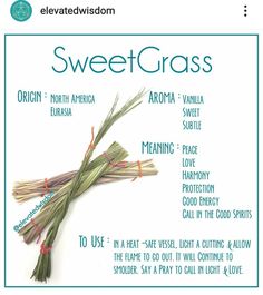 the ingredients for sweet grass are displayed on a white background with green and orange trim