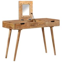 a wooden desk with drawers and a mirror on it's top, in front of a white background