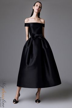 Black Duchess Satin Dress, Satin Tea Length Dress, Dress Editorial, Chanel Dresses, Dress With A Bow, A Line Midi Dress, Black Flare Dress, Black Bridesmaid, Couture Evening Dress