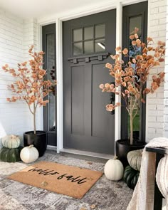 the front door is decorated for fall with pumpkins and trees in black vases