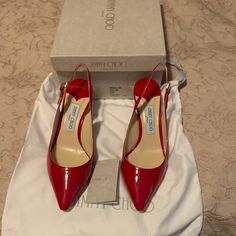 Nib Jimmy Choo Erin Patent Slingback Red 39.5. 3” Heel Never Worn Non-Smoking Home Red Slingback Pumps With 4-inch Heel, Designer Slingback Pumps With Red Sole, Classic Red Slingback Pumps For Evening, Luxury Slingback Pumps With Red Sole And Ankle Strap, Luxury Ankle Strap Slingback Pumps With Red Sole, Designer Slingback Pumps With Red Sole For Formal Occasions, Classic Red Open Heel Heels, Classic Red Slingback Heels, Red Slingback Pumps With Red Sole And Open Heel