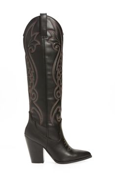 Intricate stitching enhances the Western influence of a block-heel cowboy boot in a knee-high profile. 3 1/2" heel (size 8.5) 17" shaft height, 14" shaft Leather upper/synthetic lining and sole Imported Western Boots With Block Heel, Western Style Boots With Block Heel, Fitted Western Boots With Block Heel, Western Knee-high Boots With Stacked Heel, Black Western Knee-high Boots Medium Width, Western Style Black Knee-high Boots Medium Width, Black Western Style Knee-high Boots Medium Width, Black Western Knee-high Boots With Square Toe, Western Black High Heel Knee-high Boots