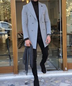 Forenzax Gray Slim Fit Wool Long Coat-baagr.myshopify.com-Jacket-BOJONI Long Coat Outfit, Long Grey Coat, Mens Winter Fashion Outfits, Wool Long Coat, Long Coat Men, Black Suit Wedding, Gents Kurta, Gray Coat