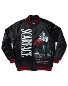 Feel just like a member of Al Pacino's crew with this officially licensed Scarface Bomber Jacket. This jacket features Al Pacino and a quote from the movie so you'll always be rocking merch from your favorite film. Officially licensed Long sleeves Button closure 2 outter pockets Length: About 27" from shoulder to hem Material: Polyester Care: Spot clean Imported Al Pacino, Red Hoodie, Red Jacket, A Quote, Red And Black, Fashion Tops, The Movie, Always Be, Bomber Jacket