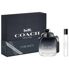 Coach for Men Eau de Toilette takes you on a journey of endless possibilities, evoking a sense of freedom that comes from the energy and spontaneity of New York City. A modern fragrance which combines fresh, energetic top notes and a skin-like warm sensuality in the amber, woody base notes. Experience the scent with this chic gift set including a 1.7 fl. oz. Eau de Toilette Spray and a 0.25 fl. oz. Travel Spray. Male Gifts, Coach For Men, Christmas Fragrance, Philosophy Amazing Grace, Popular Perfumes, Coach Men, Men's Fragrance, Celebrity Perfume, Fragrance Set