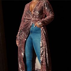 Just Stunningly Beautiful. The Cardigan Has A Sequin Belt To Tie Around The Waist. Can Be Dressed Up As A Jacket Or Dressed Down As A Glamorous Robe To Wear Around The House. It’s Warm Enough To Wear In The Fall And Winter Months For Any Occasion. 100% Polyester. Can Be Machine Washed, Hang To Dry. All Sequins Attached. Chic Sequined Cardigan, Chic Long Sleeve Sequined Cardigan, Chic Fall Cardigan For Party, Chic Fall Party Cardigan, Chic Sequined Cardigan For Fall, Chic Long Sleeve Cardigan For Evenings, Fitted V-neck Cardigan For Parties, Chic Long Sleeve Cardigan For Evening, Spring V-neck Outerwear For Night Out