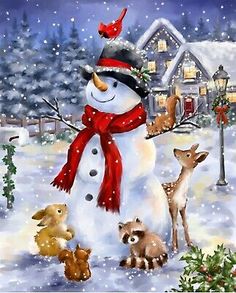 a painting of a snowman surrounded by animals