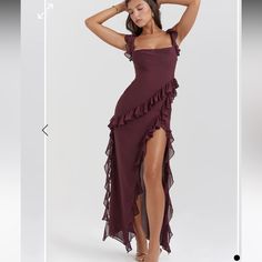 Midi Dress With Fluttery Ruffles, Draped Cowl Neckline, Thigh-High Split, Fully Lined, Side Zipper In Berry Color. Never Worn. Burgundy Maxi Dress, Ruched Maxi Dress, Womens Dress Suits, Looks Party, Prom Dress Inspiration, Grad Dresses, Modieuze Outfits, Elegantes Outfit, Hoco Dresses