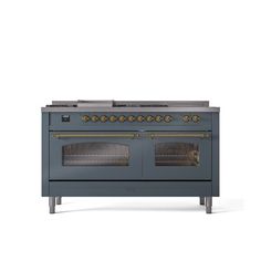 a blue stove with two ovens on the front and one door open to show it's cooking area