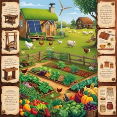 an illustration of a farm with chickens and other animals in the yard, surrounded by various vegetables