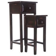 two wooden side tables with one drawer open and the other closed, both in dark wood