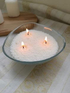 three lit candles in a bowl on a table