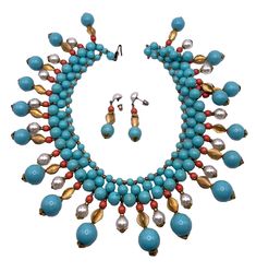 Vintage Miriam Haskell Turquoise Coral Egyptian Bib Drop Necklace Earrings | eBay Antique Victorian Jewelry, Turquoise Dangling Beads Costume Jewelry, Turquoise Costume Jewelry With Dangling Beads, Miriam Haskell Jewelry, Miriam Haskell, Victorian Jewelry, Coral Turquoise, Vintage Pins, Drop Necklace