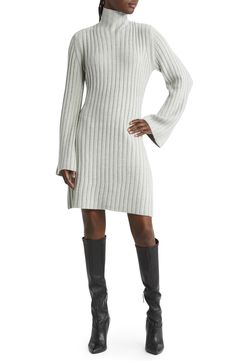 Lovely and soft to the touch, this ribbed sweater-dress with an elegant mock neckline is a mainstay for cool-season layering. 33 1/2" length (size Medium) Mock neck Long sleeves Unlined Dry clean or hand wash, dry flat Imported Affordable Long Sleeve Sweater Dress For Fall, Gray Turtleneck Sweater Dress, Grey Sweater Dress Casual, What Color Nylons With Cream Sweater Dress, Long Sweater Dress Nordstrom, Sweater Dress With Turtle Neck, Faux Sweater Shirt Dress, Sweater Dresses With Boots Midi, Sweater Dress With Boots Long