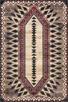 an area rug with geometric designs on the front and back sides, in brown, beige, red and black colors