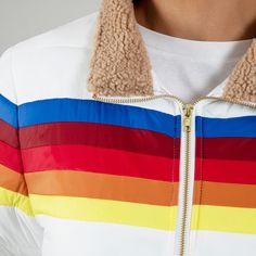 Chasing Rainbows Retro Stripe Insulated Jacket | GreaterGood Winter Cotton Outerwear With Contrast Stripes, Winter Striped Outerwear With Contrast Stripes, Multicolor Fleece-lined Outerwear For Cold Weather, Multicolor Outerwear With Fleece Lining For Cold Weather, Multicolor Winter Outerwear With Zipper Closure, Striped Winter Outerwear With Pockets, White Winter Outerwear With Contrast Stripes, Chasing Rainbows, Buy Coats