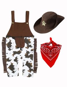 two baby clothes and a cowboy hat are shown in this image, one has a bandana on it