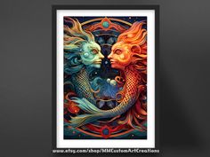 a framed art print of two mermaids facing each other