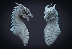 two white dragon statues on a black background