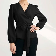 Bishop Sleeve, V Neck Solid Color Blouse Measurements Located In Picture Gallery Machine Wash Or Professional Dry Clean Elegant Black Blouse For Office, Feminine Black Office Blouse, Black Puff Sleeve Blouse For Office, Feminine Black V-neck Blouse, Black Formal Blouse For Fall, Elegant Black Blouse For Fall, Elegant Black Fall Blouse, Formal Black Puff Sleeve Blouse, Elegant Black Tops For Work