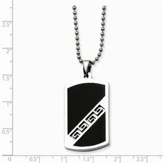 This stainless steel dog tag features black enamel and a cut out ancient Greek symbol known to represent the search for one's Path. It measures approximately 7/8 inch x 1 1/4 inches and comes with a 20 inch ball chain finished with a hidden catch. Ancient Greek Symbols, Greek Symbol, Dog Tag Pendant, Stainless Steel Polish, Bow Jewelry, Skull Necklace, Black Chain, Jewelry Companies, Black Bow