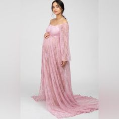 An Off Shoulder Lace Maternity Gown With Long Bell Sleeves, Elastic Cinching Under Bust And Neckline, Double Lining On Bust, And An Open Skirt. New Without Tags. Tags Cut Out To Prevent Returns To The Company. Medium Inventory #1926 Pink Off-shoulder Lace Dress, Elegant Sheer Maternity Dress, Pink Lace Feminine Gown, Feminine Pink Lace Gown, Lace Maxi Dress For Maternity Wear, Maternity Lace Floor-length Dress, Flowy Lace Maxi Dress With Long Sleeves, Flowy Long Sleeve Lace Maxi Dress, Flowy Lace Long Sleeve Maxi Dress