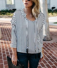 Loving this Black & White Stripe Tassel Hi-Low Top on #zulily! #zulilyfinds Tassel Blouse, Polyester Blouse, Smart Casual Style, Stripe Long Sleeve, Colored Pants, Office Outfits, Striped Long Sleeve, Long Sleeve Shirt, Black Pants