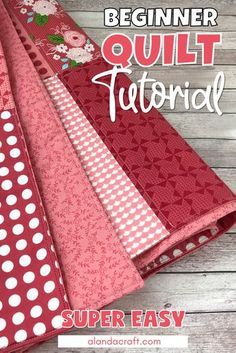 the beginner quilt pattern is shown in red and white polka dots, with pink flowers on