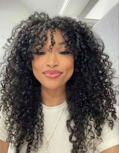 Curly Hair Bangs Aesthetic, Mixed Curly Hair Layers, Layered Cut Black Women, 3b Curls With Bangs, 3b Hair Bangs, Long Curly Hair With Bangs Black Women, 3b Curly Hair Layers, Curly Sew In With Bangs, 3b Bangs