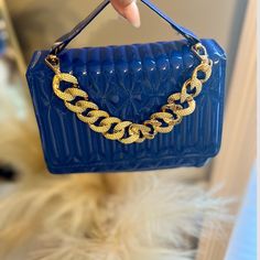 Blue Purse Gold Chain Can Be Worn As Handbag Or Crossbody Gold Crossbody Bag, Blue Purse, Chanel Boy Bag, Stylish Accessories, Chain Strap, Level Up, Blue Gold, Gold Chain, Gold Chains