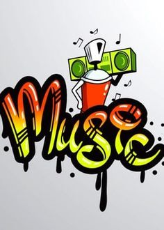 the word music written in graffiti style on a gray background with an orange and green spray paint